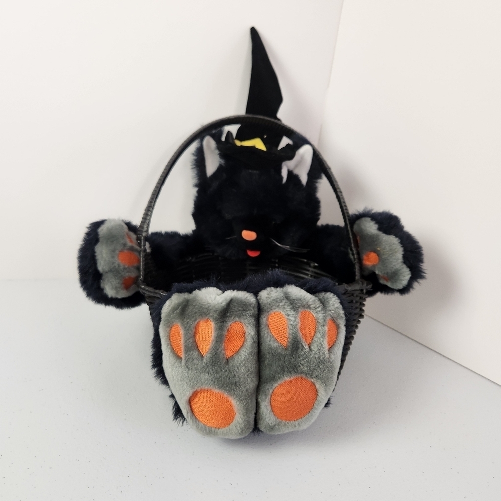 Vintage Tisket Tasket Basket Halloween Plush Black Cat Basket Stuffed Toy Spooky